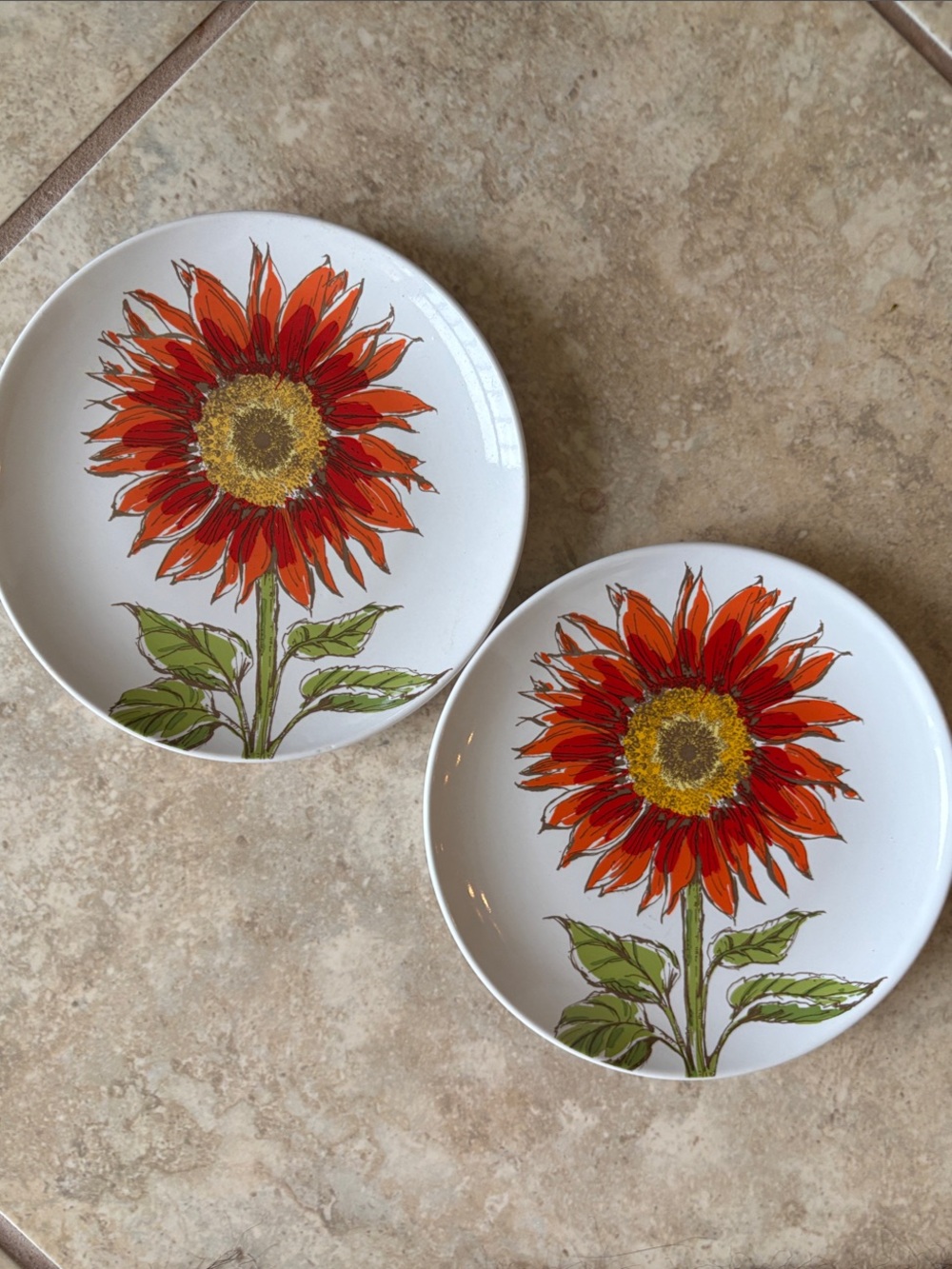 Sunflower Ceramic Salad/Dessert Plates - Set of 2, Orange Floral